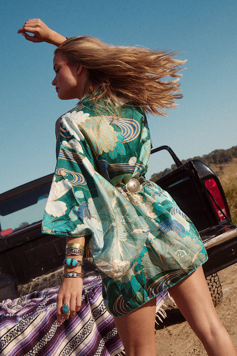 NEW Blue Abstract Silk Satin Kimono - Chasing Unicorns