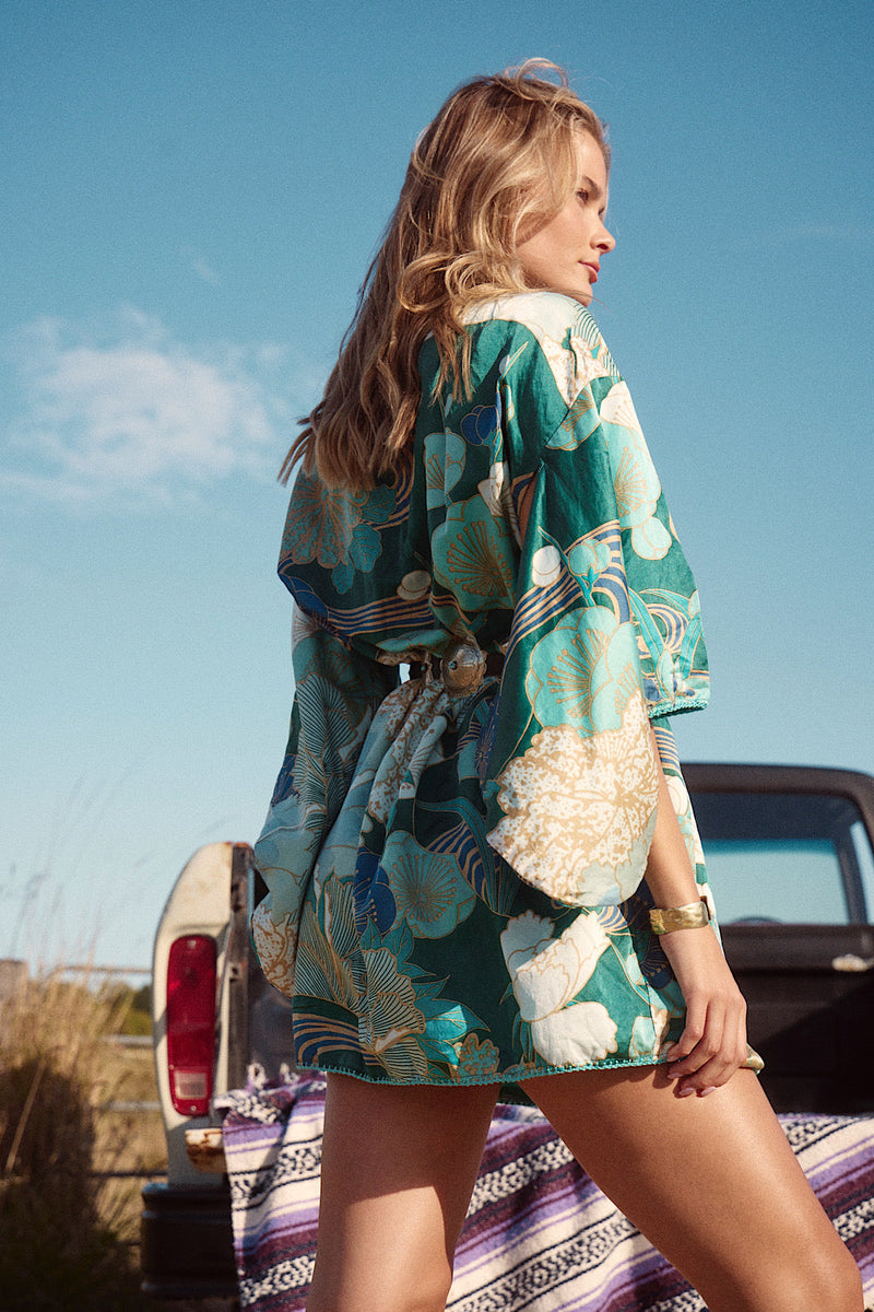 NEW Blue Abstract Silk Satin Kimono - Chasing Unicorns