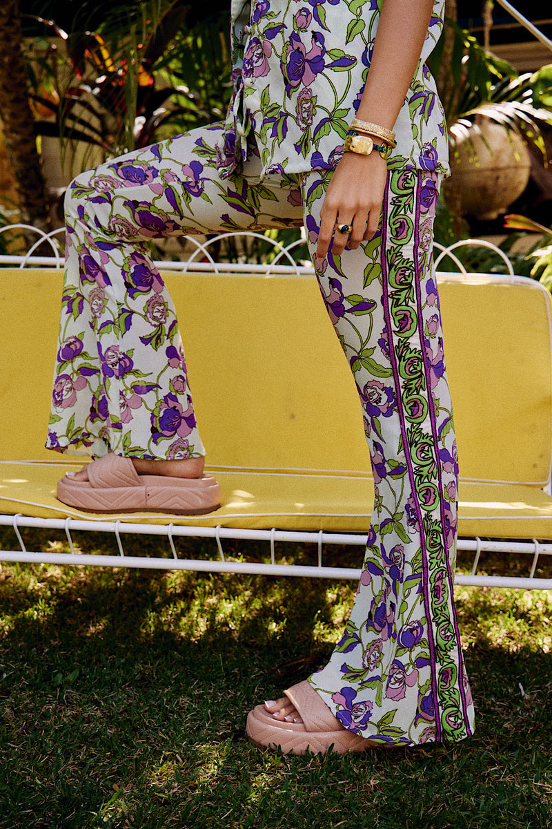 NEW Floral Silk Satin Embroidered Flares - Chasing Unicorns
