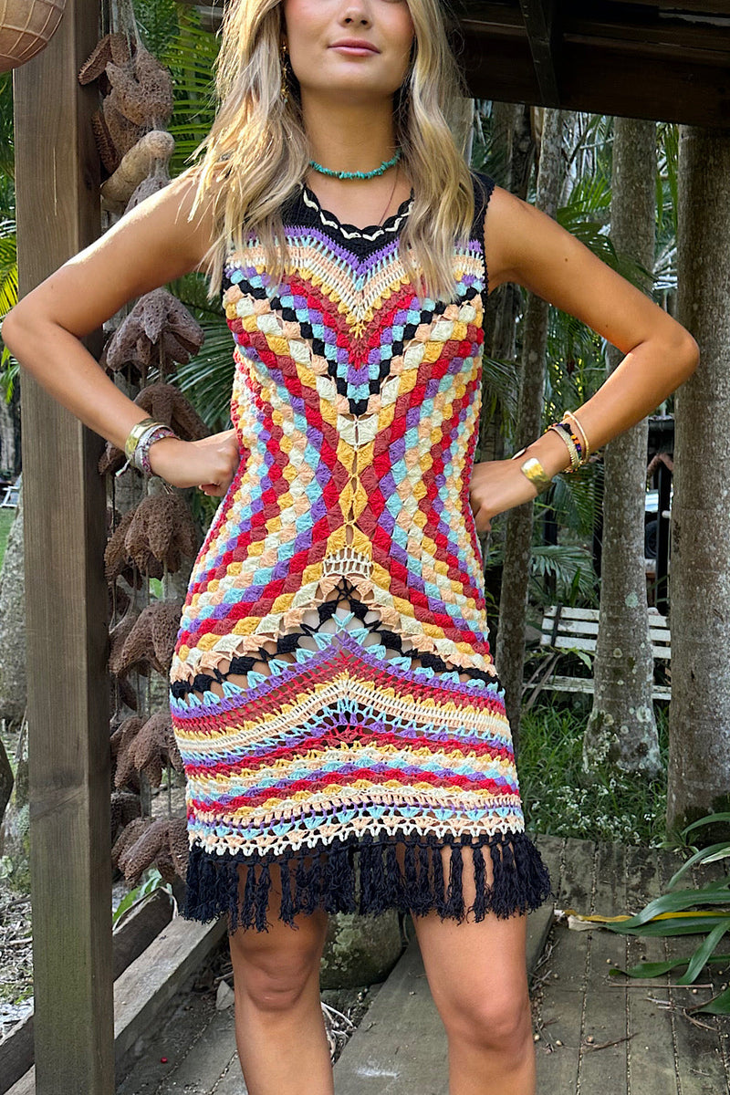 NEW Rainbow Crochet Mini Dress Sample - Chasing Unicorns