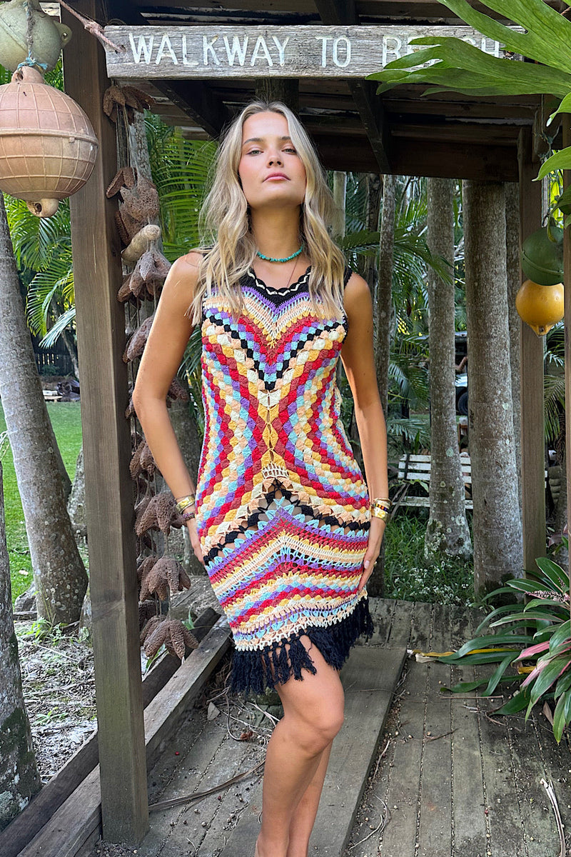 NEW Rainbow Crochet Mini Dress Sample - Chasing Unicorns
