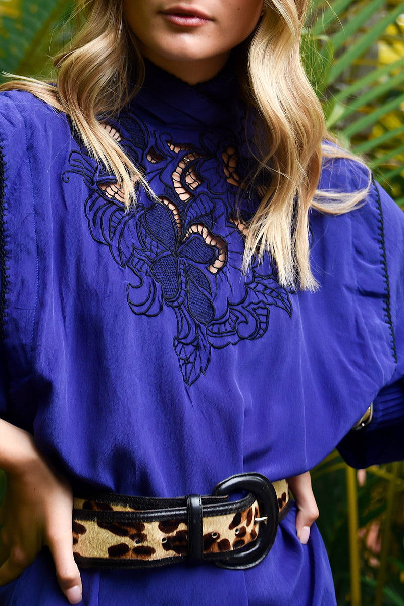 NEW She Makes My Day Silk + Cutwork Mini Dress - Blue - Chasing Unicorns