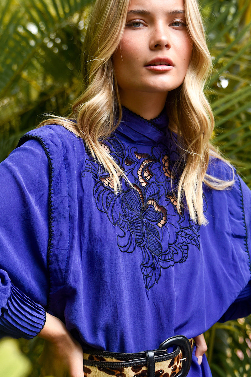 NEW She Makes My Day Silk + Cutwork Mini Dress - Blue - Chasing Unicorns