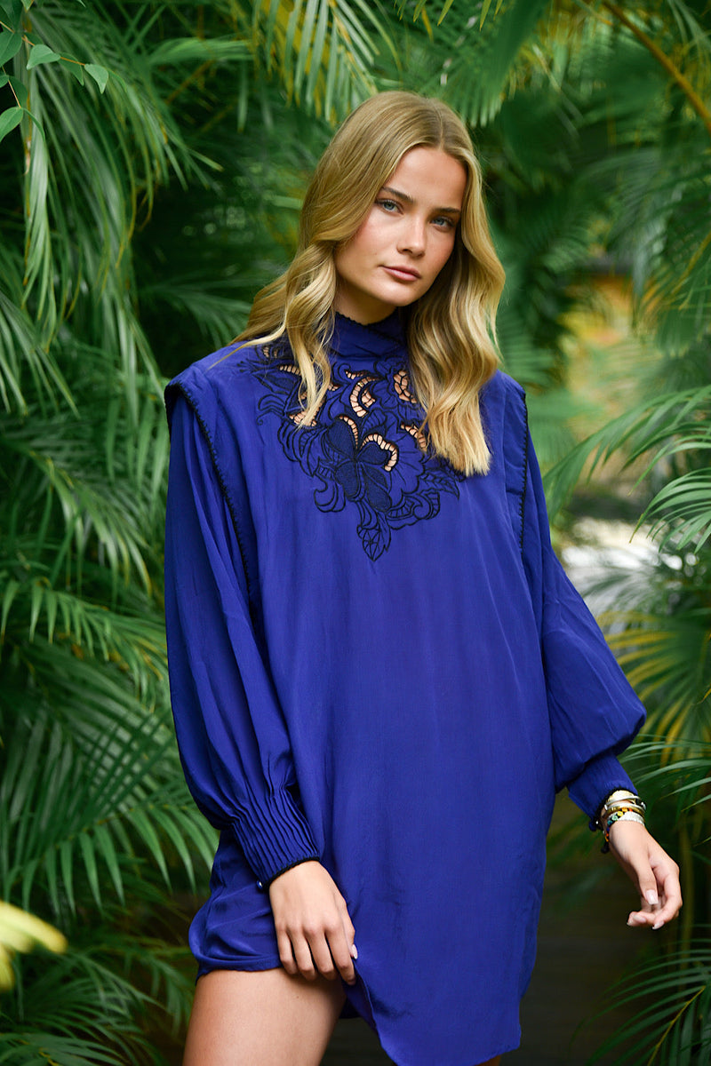 NEW She Makes My Day Silk + Cutwork Mini Dress - Blue - Chasing Unicorns