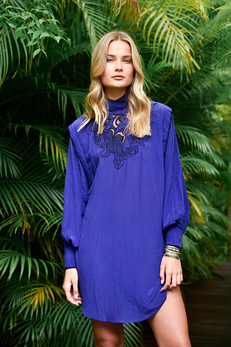 NEW She Makes My Day Silk + Cutwork Mini Dress - Blue - Chasing Unicorns