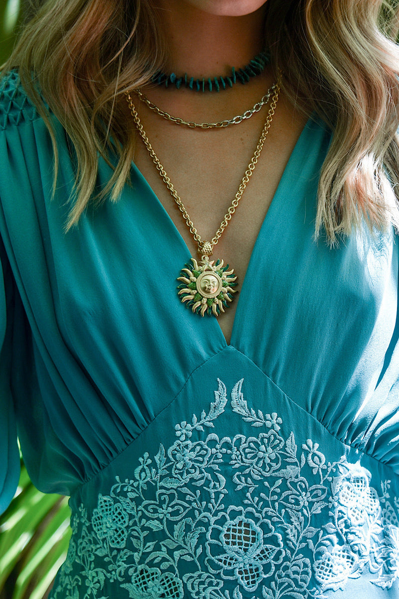 NEW Silk Satin Embroidered Midi Dress - Teal - Chasing Unicorns