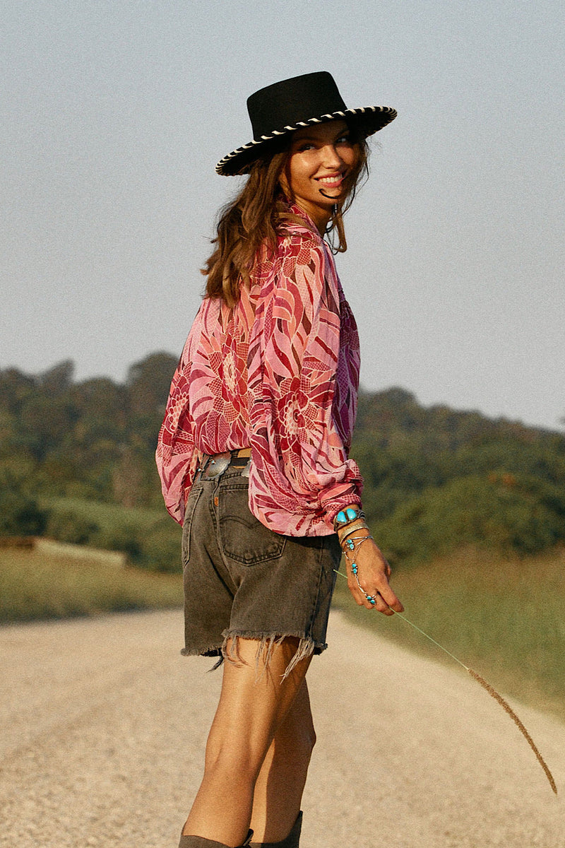 NEW Till The Morning Comes Silk Blouse - Pink Floral - Chasing Unicorns