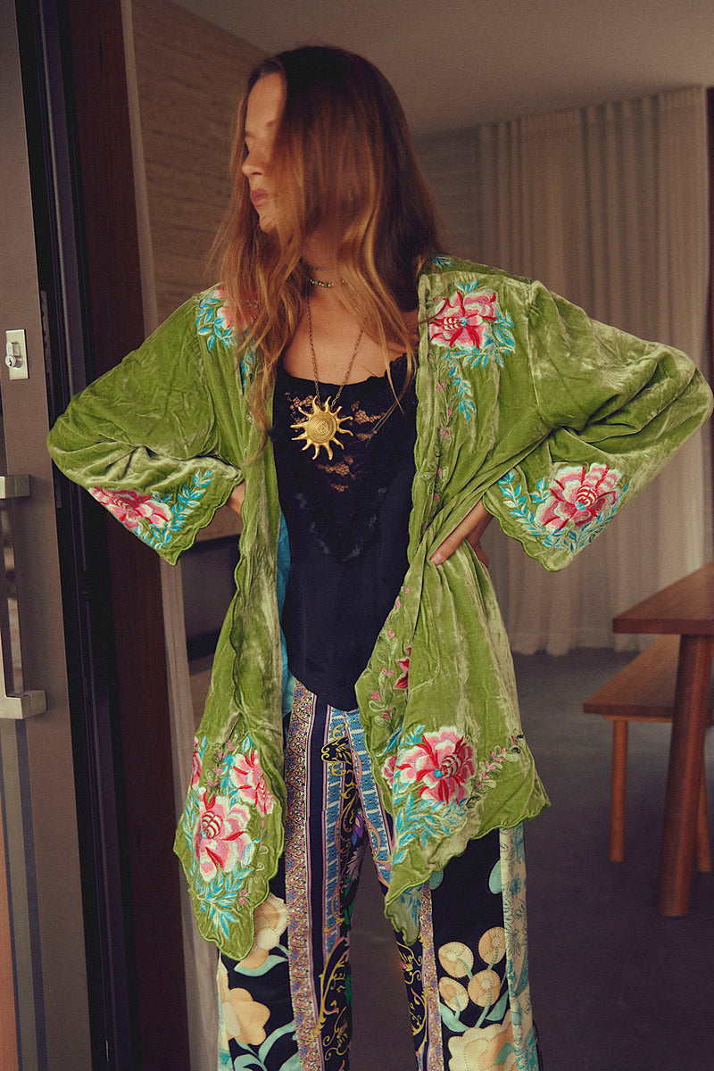 One Night In Heaven Silk Velvet And Embroidered Short Housecoat - Chasing Unicorns