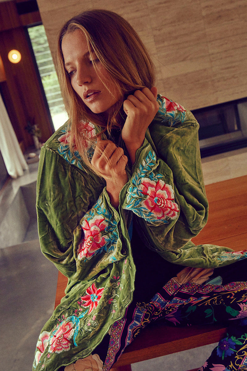 One Night In Heaven Silk Velvet And Embroidered Short Housecoat - Chasing Unicorns