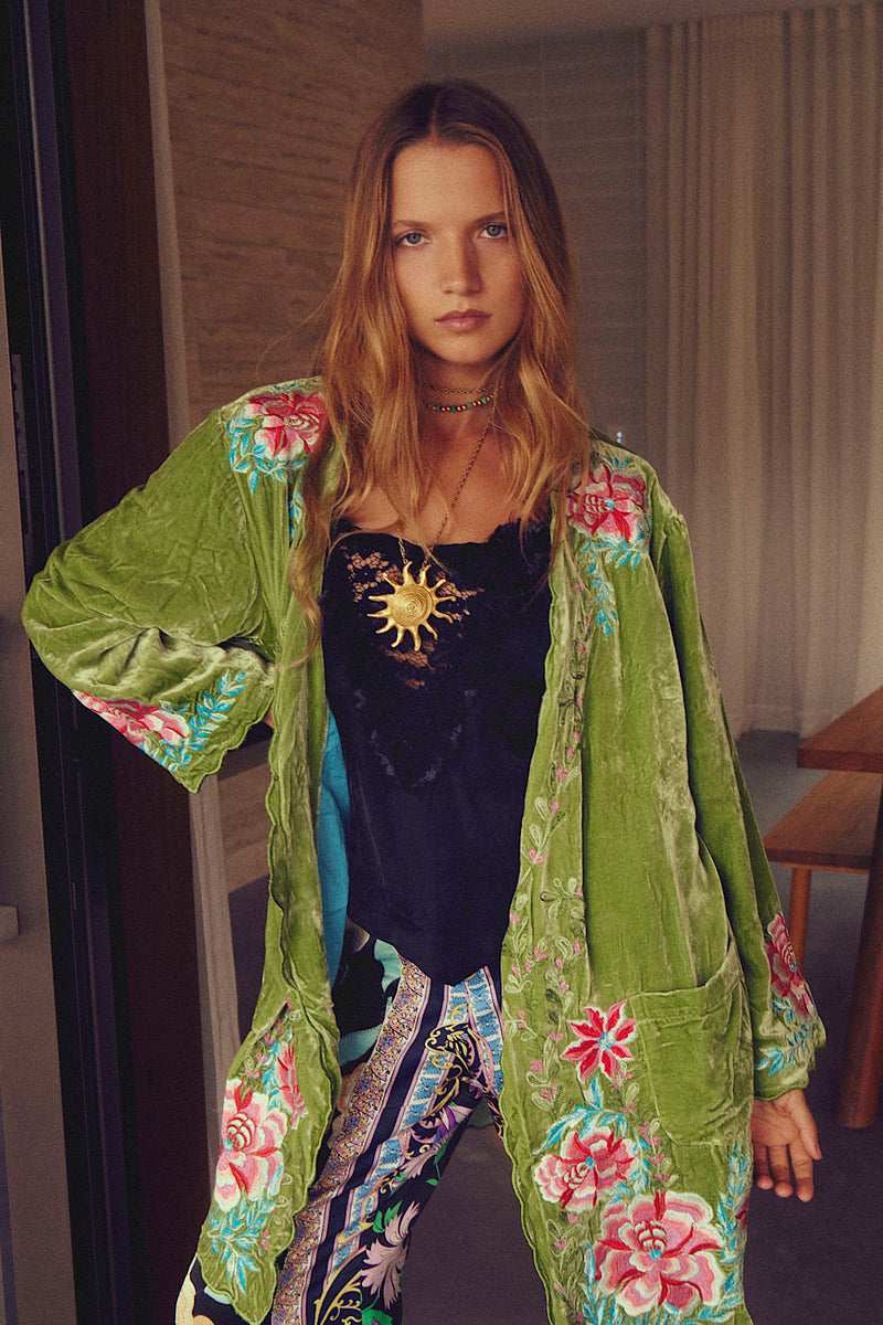 One Night In Heaven Silk Velvet And Embroidered Short Housecoat - Chasing Unicorns