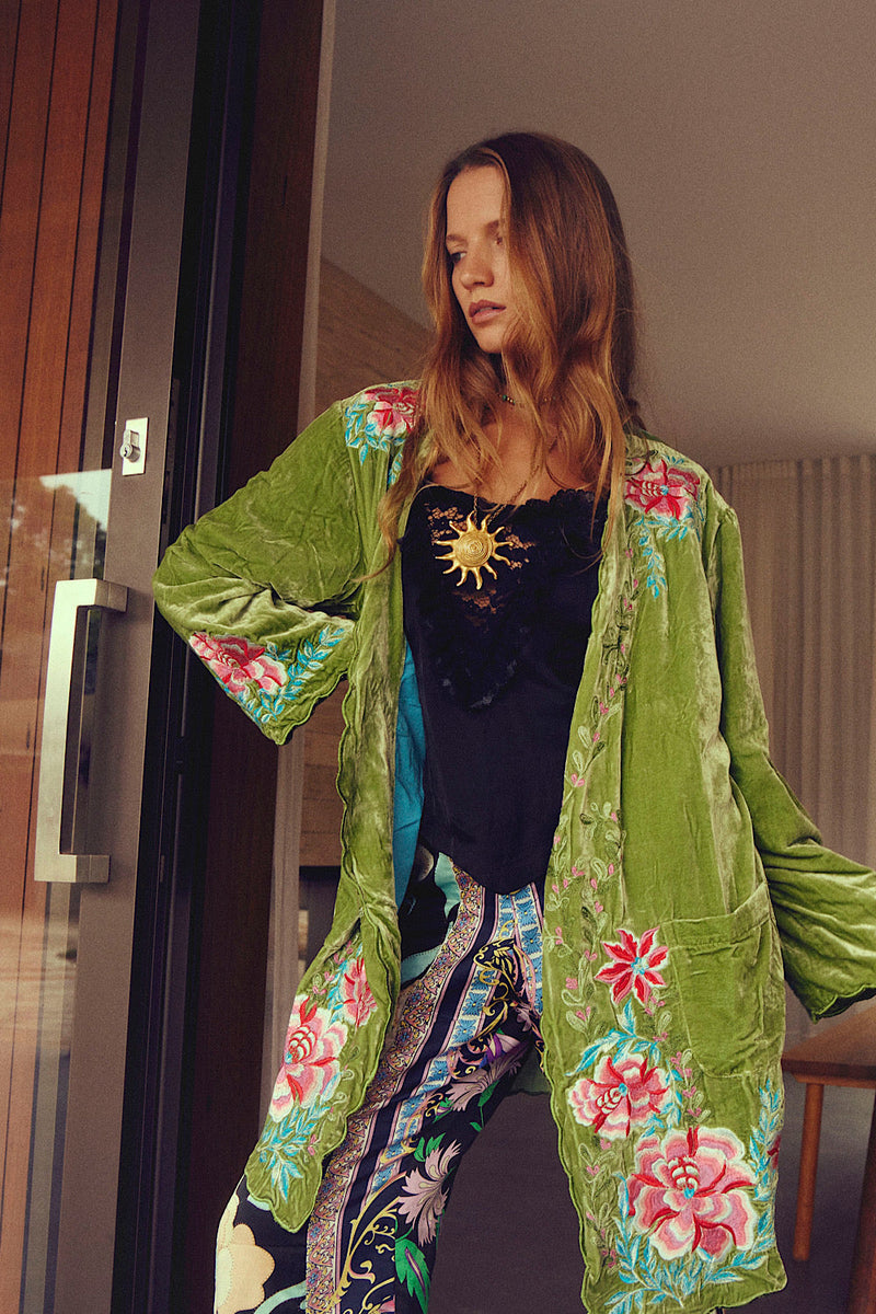 One Night In Heaven Silk Velvet And Embroidered Short Housecoat - Chasing Unicorns