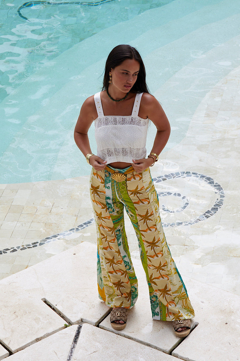 Paint This Town Patchwork Off Cut Silk Flares - Tropical Floral - Chasing Unicorns