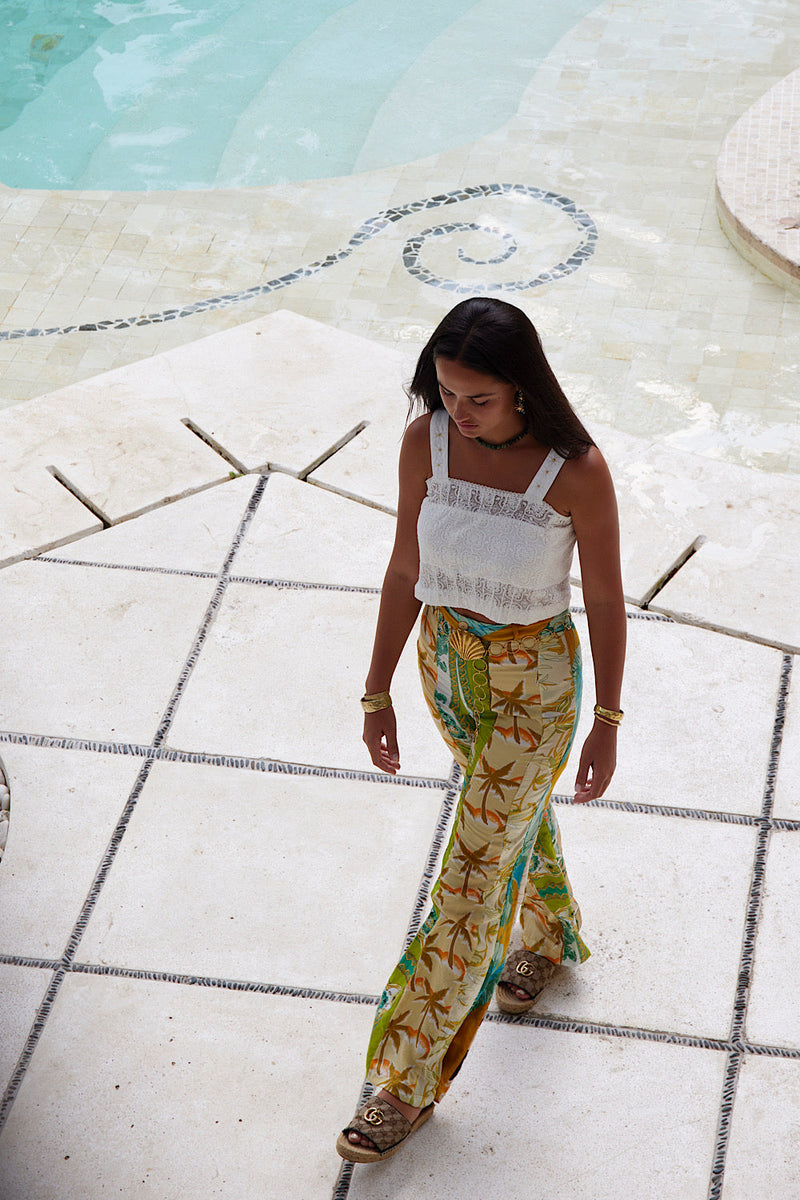 Paint This Town Patchwork Off Cut Silk Flares - Tropical Floral - Chasing Unicorns