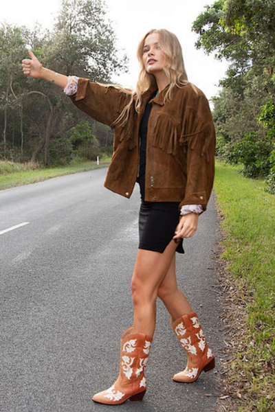 【GRANCY】Distressed Suede Rider＇s Jacket Chasing Unicorns - USA