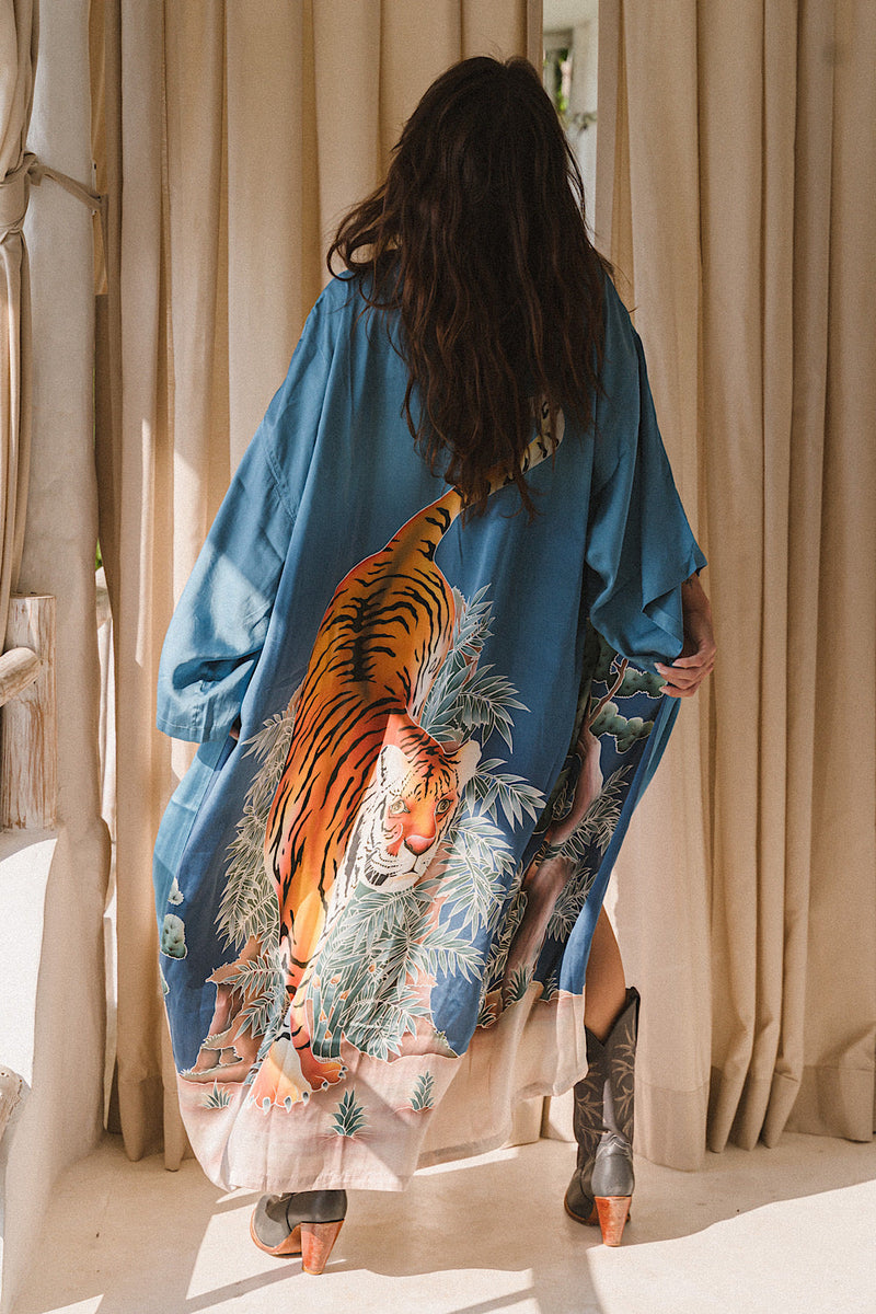 Rhythm Is A Dancer Tiger Hand Painted Silk Crepe Kimono - Chasing Unicorns