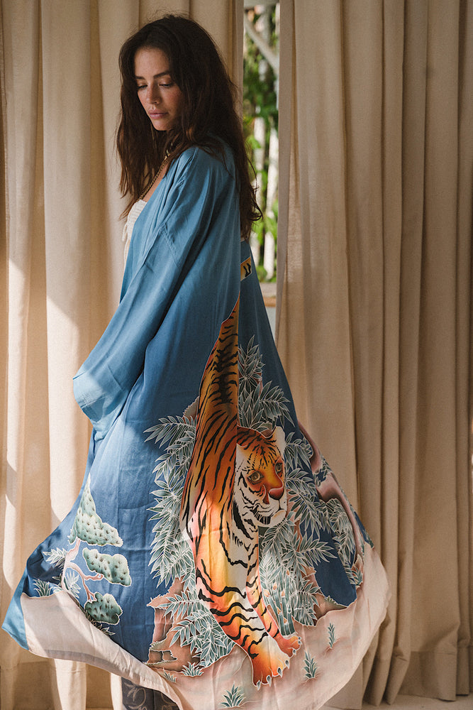 Rhythm Is A Dancer Tiger Hand Painted Silk Crepe Kimono