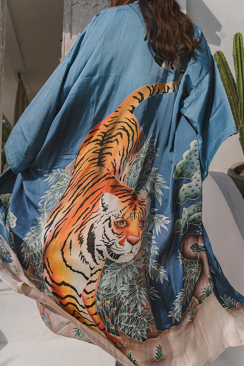 Rhythm Is A Dancer Tiger Hand Painted Silk Crepe Kimono - Chasing Unicorns