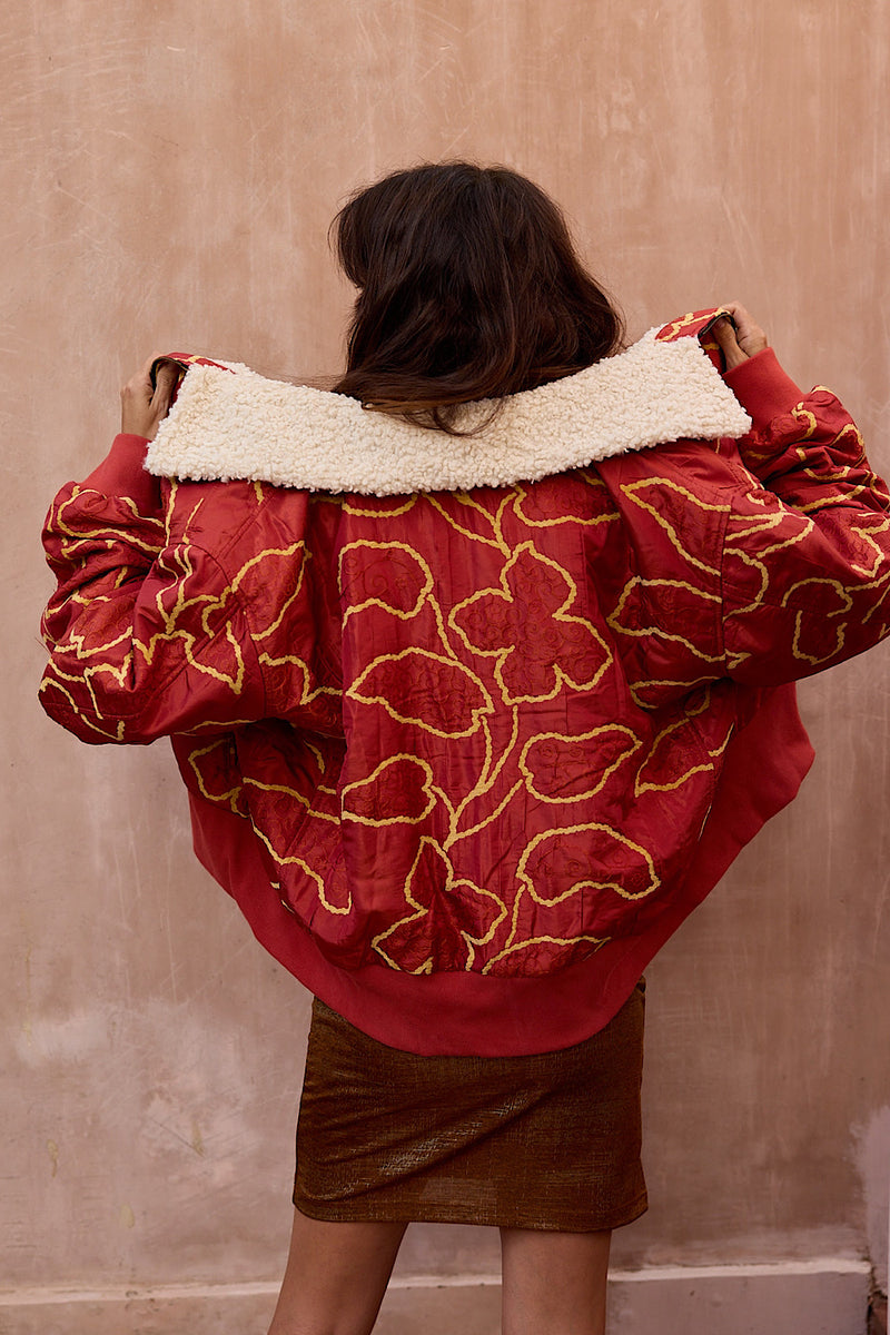 Right Here, Right Now Tapestry Bomber Jacket - Chilli - Chasing Unicorns
