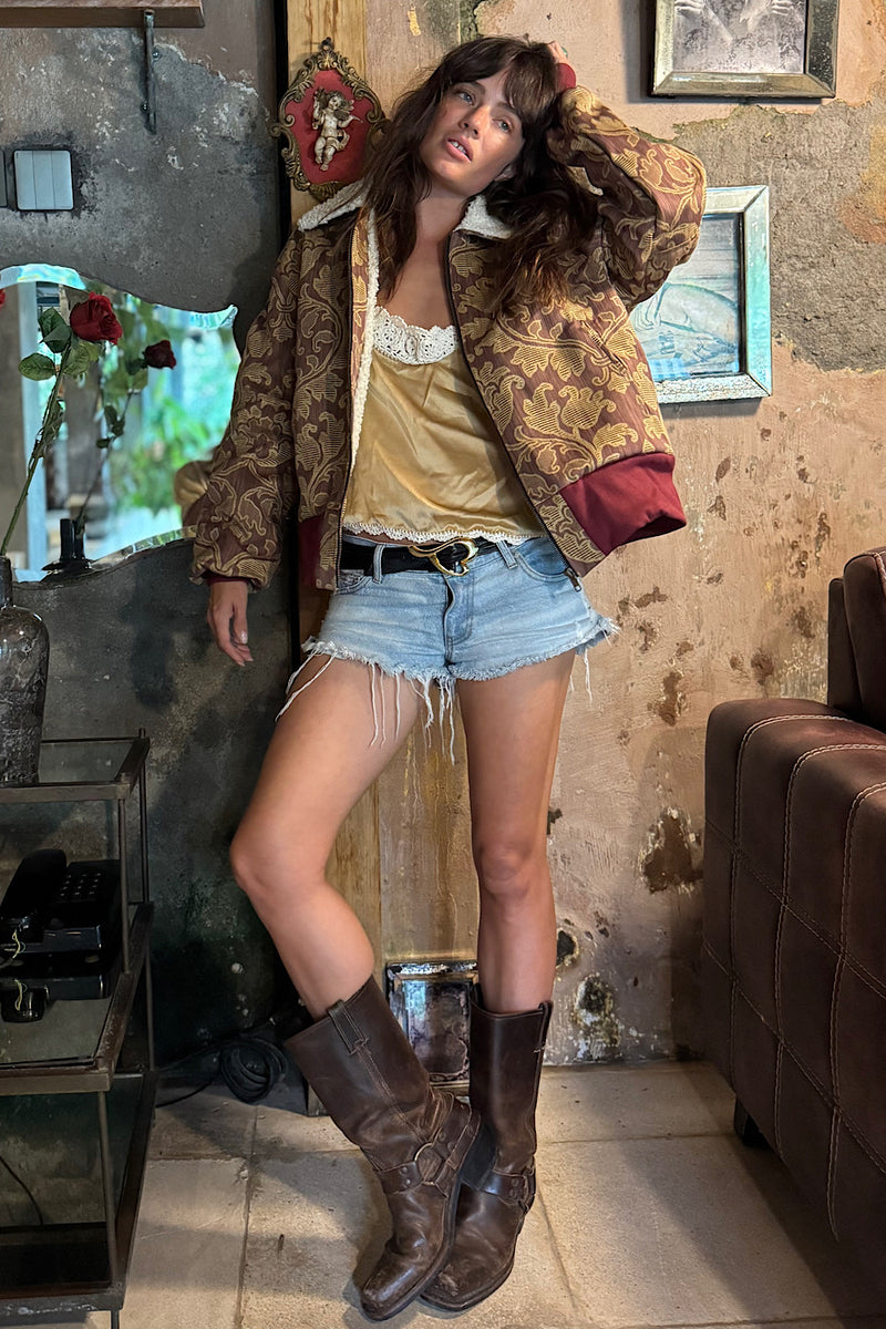 Right Here, Right Now Tapestry Bomber Jacket - Maroon - Chasing Unicorns