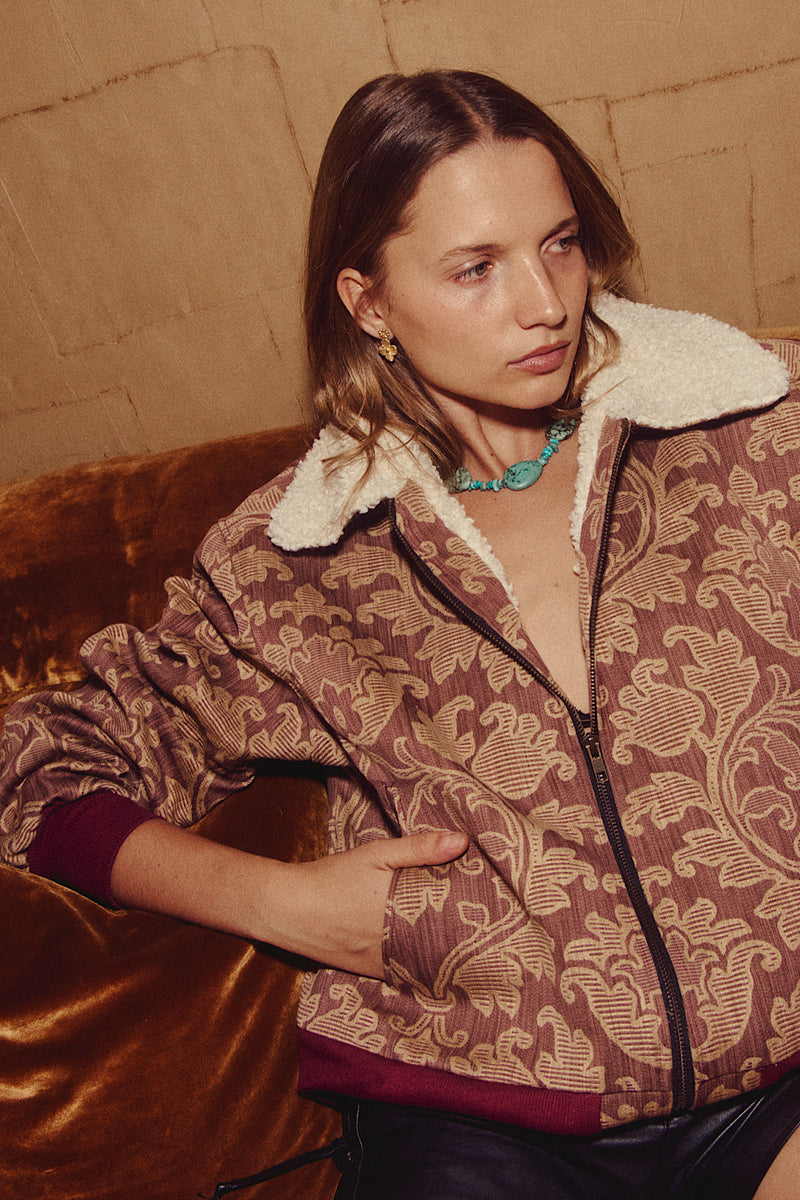 Right Here, Right Now Tapestry Bomber Jacket - Maroon - Chasing Unicorns