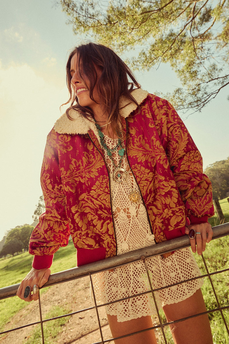 Right Here, Right Now Tapestry Bomber Jacket - Persimmon - Chasing Unicorns