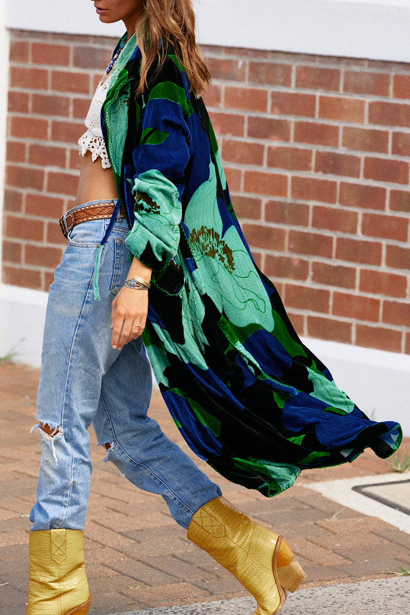 Roadhouse Blues Velvet Housecoat - Aqua Bold Floral - Chasing Unicorns