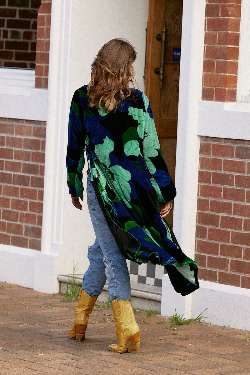 Roadhouse Blues Velvet Housecoat - Aqua Bold Floral - Chasing Unicorns