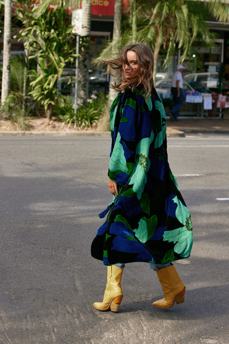 Roadhouse Blues Velvet Housecoat - Aqua Bold Floral - Chasing Unicorns