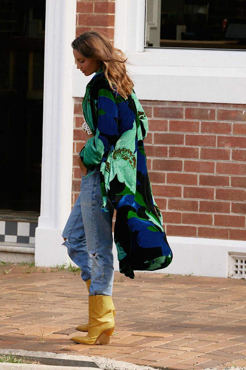 Roadhouse Blues Velvet Housecoat - Aqua Bold Floral - Chasing Unicorns