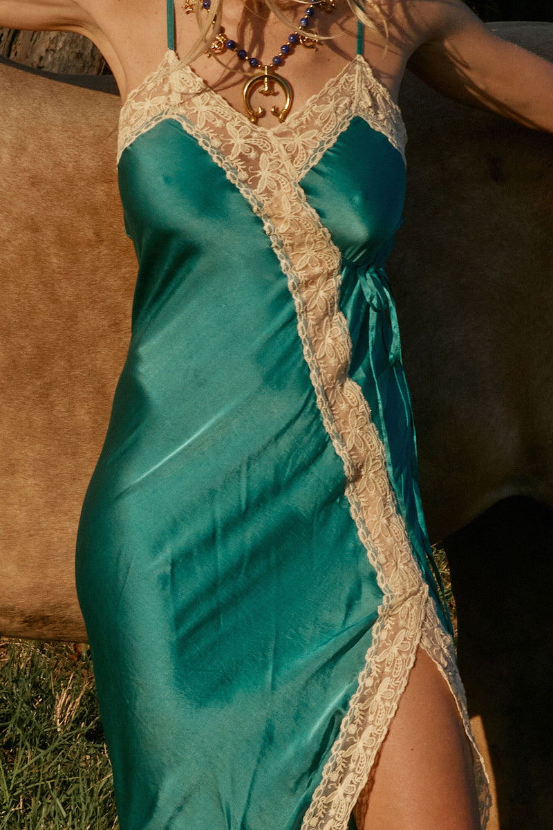 Serenade Silk Satin + Lace Maxi Slip Dress - Turquoise - Chasing Unicorns