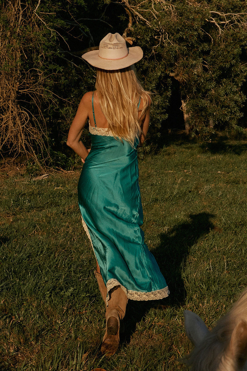 Serenade Silk Satin + Lace Maxi Slip Dress - Turquoise - Chasing Unicorns