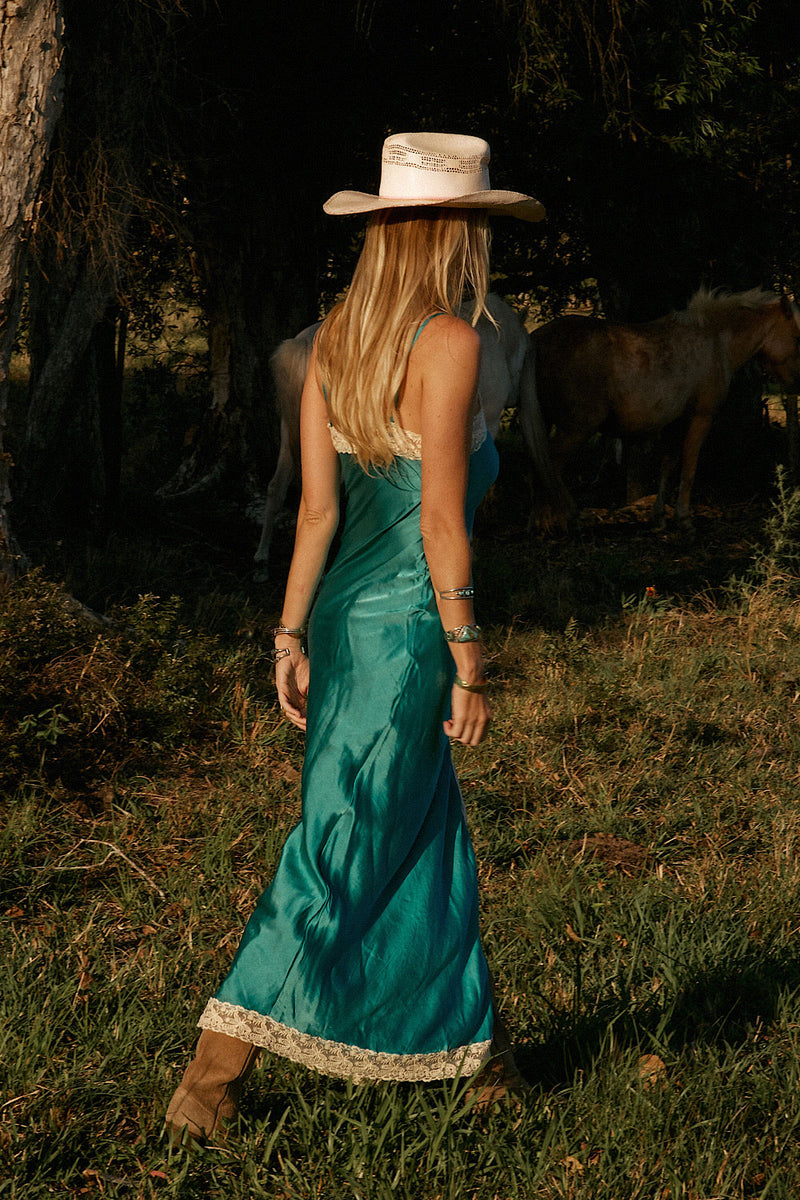 Serenade Silk Satin + Lace Maxi Slip Dress - Turquoise - Chasing Unicorns