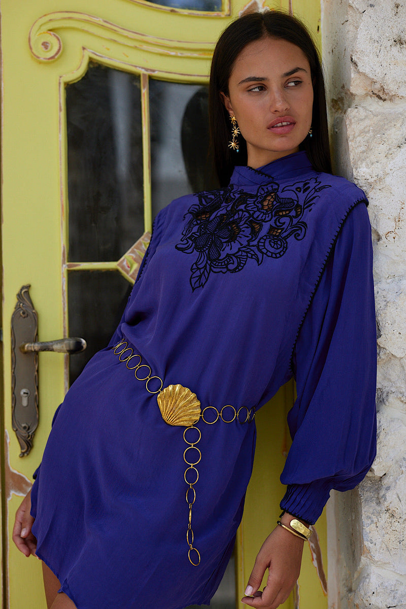 She Makes My Day Silk + Cutwork Mini Dress - Violet - Chasing Unicorns