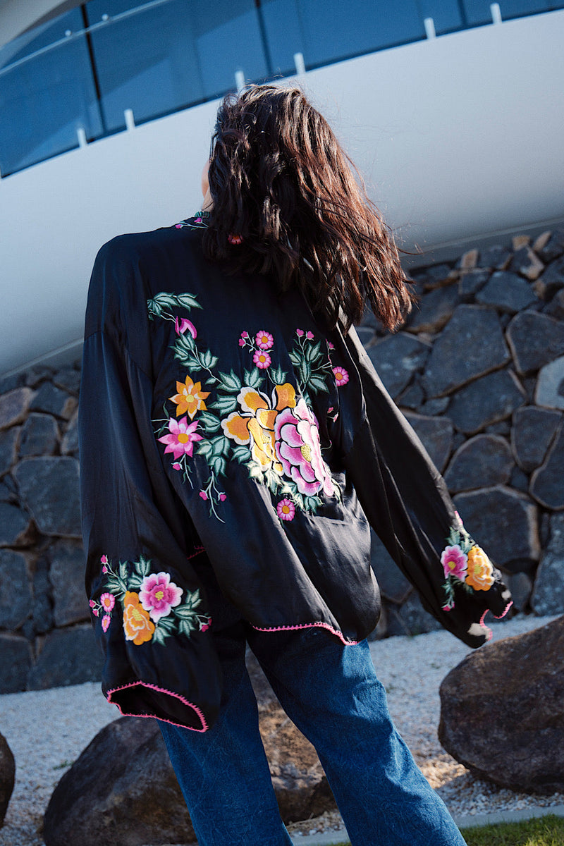 Someday Never Comes Black Silk Satin Embroidered Jacket - Chasing Unicorns
