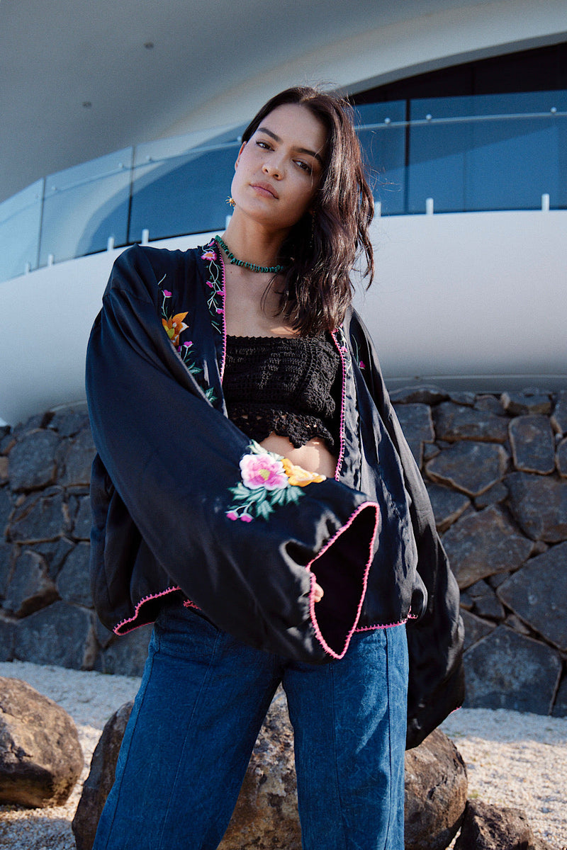 Someday Never Comes Black Silk Satin Embroidered Jacket - Chasing Unicorns