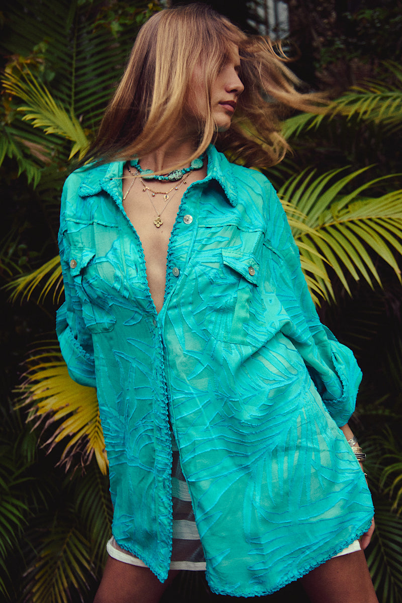 Till The Moon Don’t Shine Silk Burnout Safari Shirt - Jade - Chasing Unicorns
