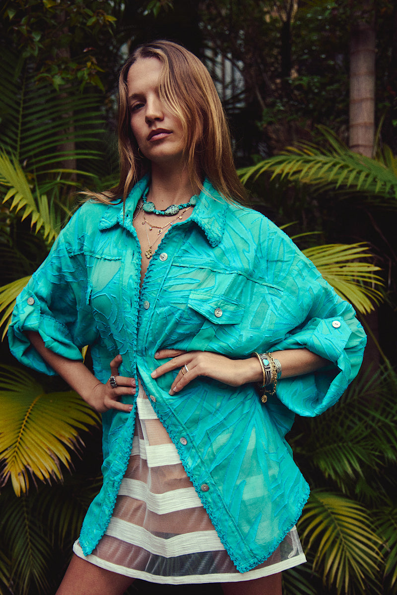 Till The Moon Don’t Shine Silk Burnout Safari Shirt - Jade - Chasing Unicorns