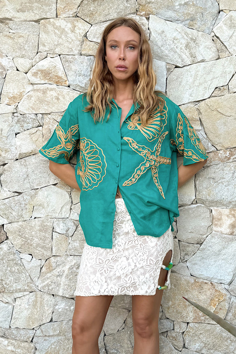 Under The Sea Applique Embroidered Oversized Shirt - Aqua - Chasing Unicorns