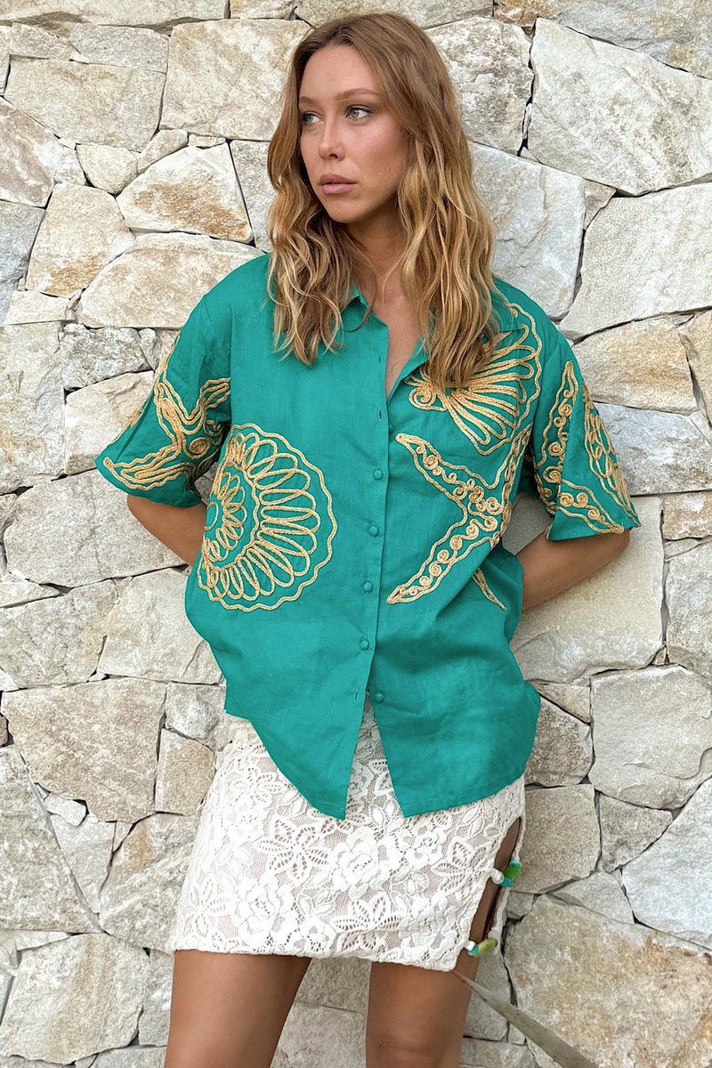 Under The Sea Applique Embroidered Oversized Shirt - Aqua - Chasing Unicorns