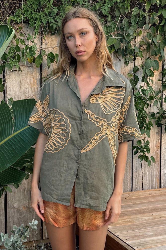 Under The Sea Applique Embroidered Oversized Shirt - Khaki