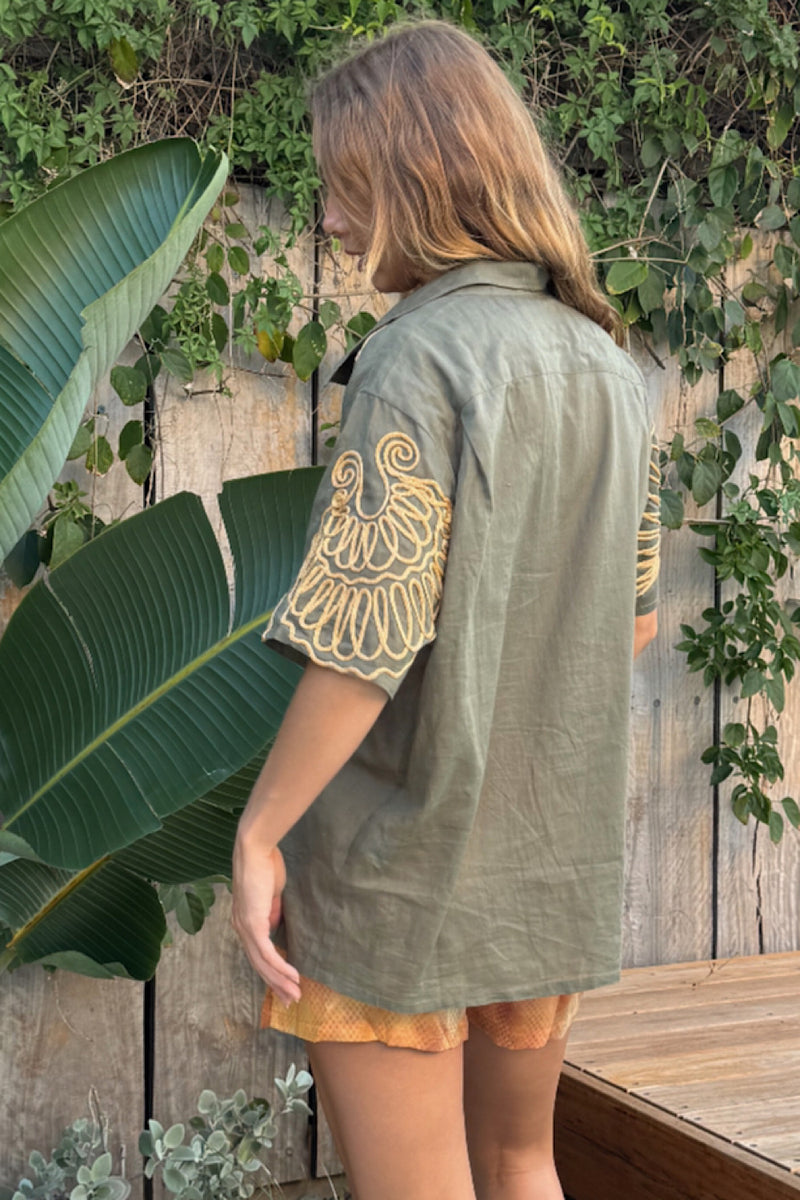 Under The Sea Applique Embroidered Oversized Shirt - Khaki - Chasing Unicorns