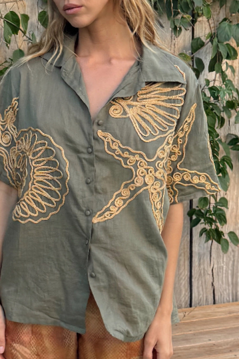 Under The Sea Applique Embroidered Oversized Shirt - Khaki - Chasing Unicorns