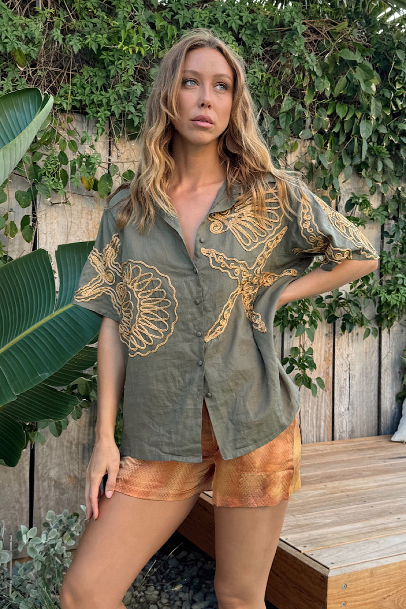 Under The Sea Applique Embroidered Oversized Shirt - Khaki - Chasing Unicorns