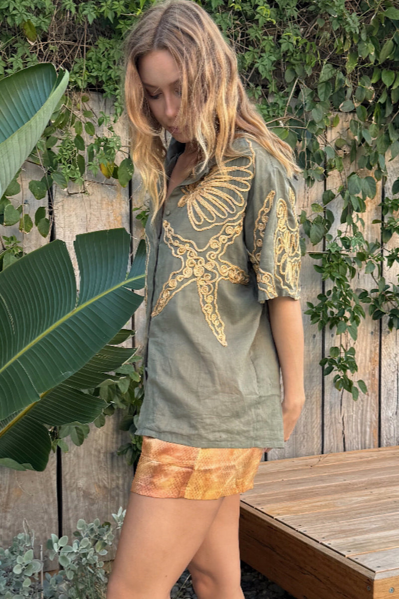 Under The Sea Applique Embroidered Oversized Shirt - Khaki - Chasing Unicorns