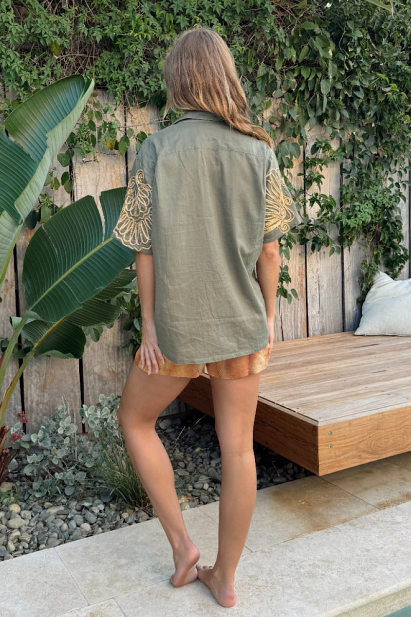 Under The Sea Applique Embroidered Oversized Shirt - Khaki - Chasing Unicorns