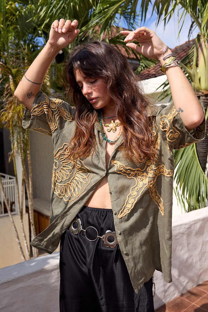 Under The Sea Applique Embroidered Oversized Shirt - Khaki - Chasing Unicorns