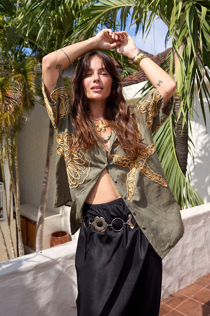 Under The Sea Applique Embroidered Oversized Shirt - Khaki - Chasing Unicorns