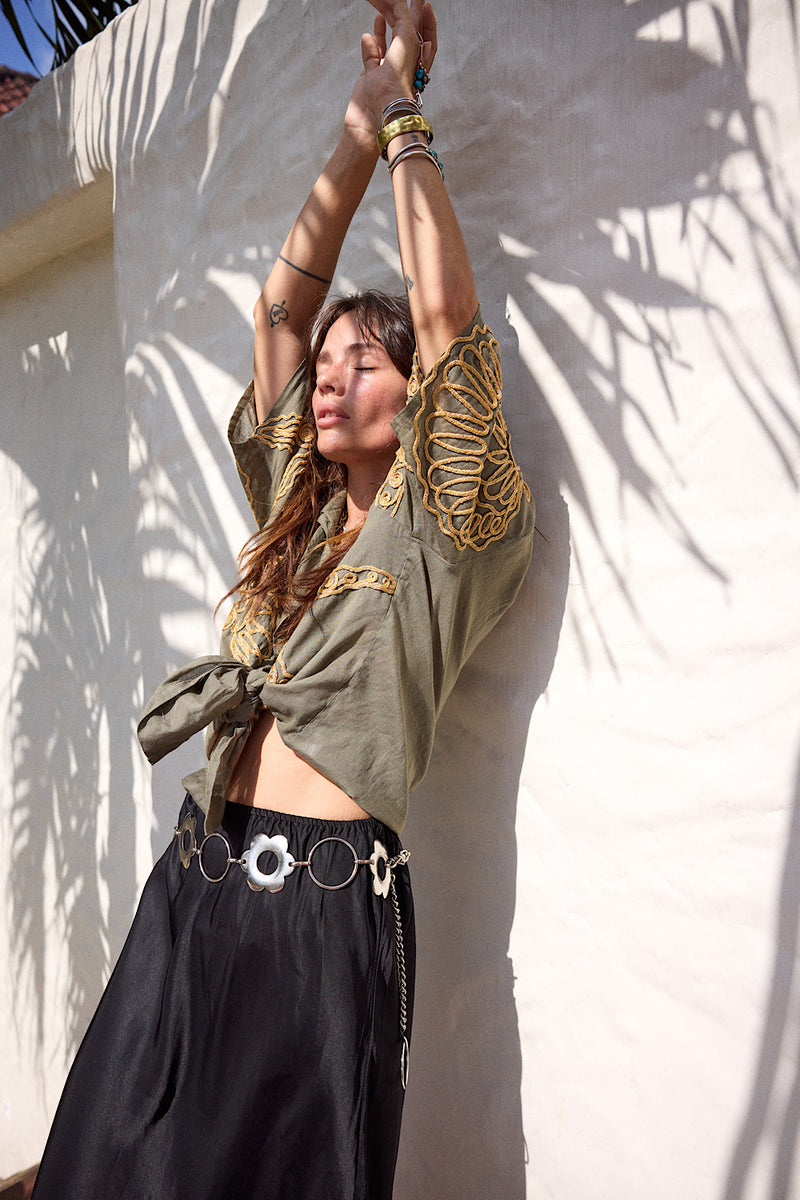 Under The Sea Applique Embroidered Oversized Shirt - Khaki - Chasing Unicorns