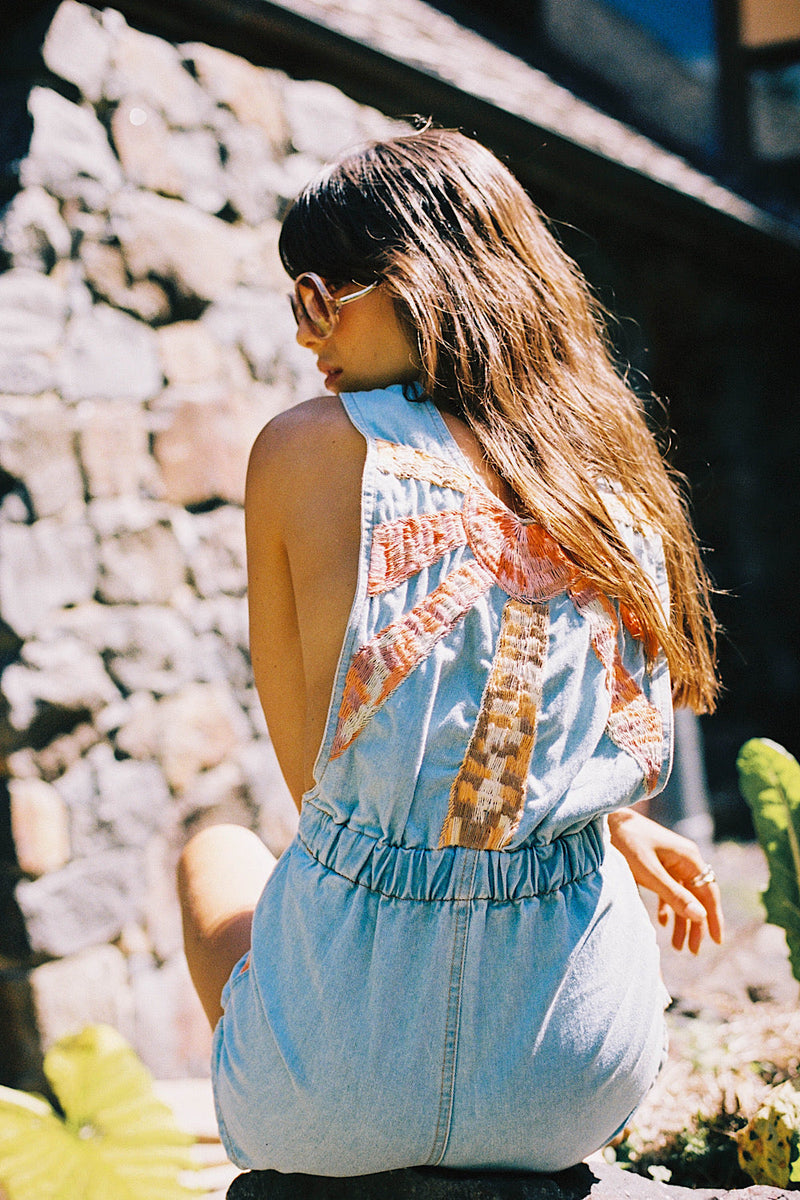 Waiting For The Sun Hand Embroidered Denim Short Overalls - Chasing Unicorns
