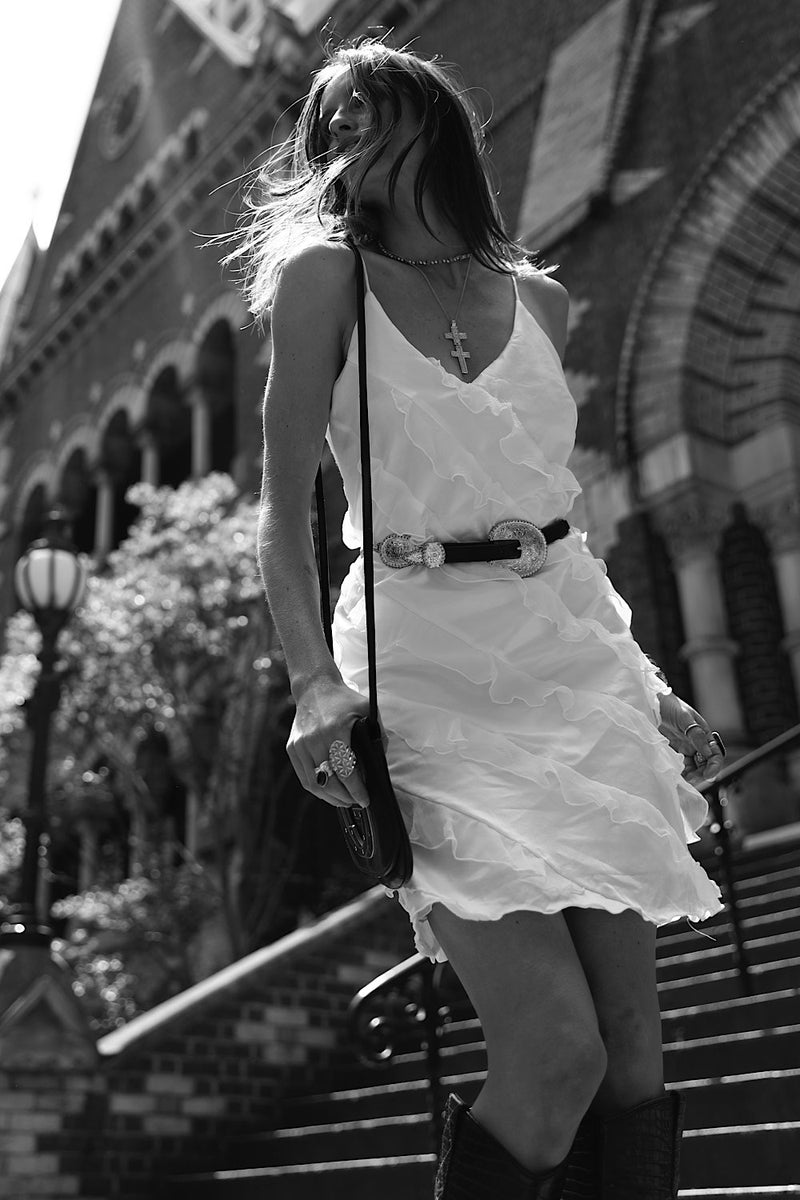 White Feather Silk Ruffle Mini Dress - Chasing Unicorns